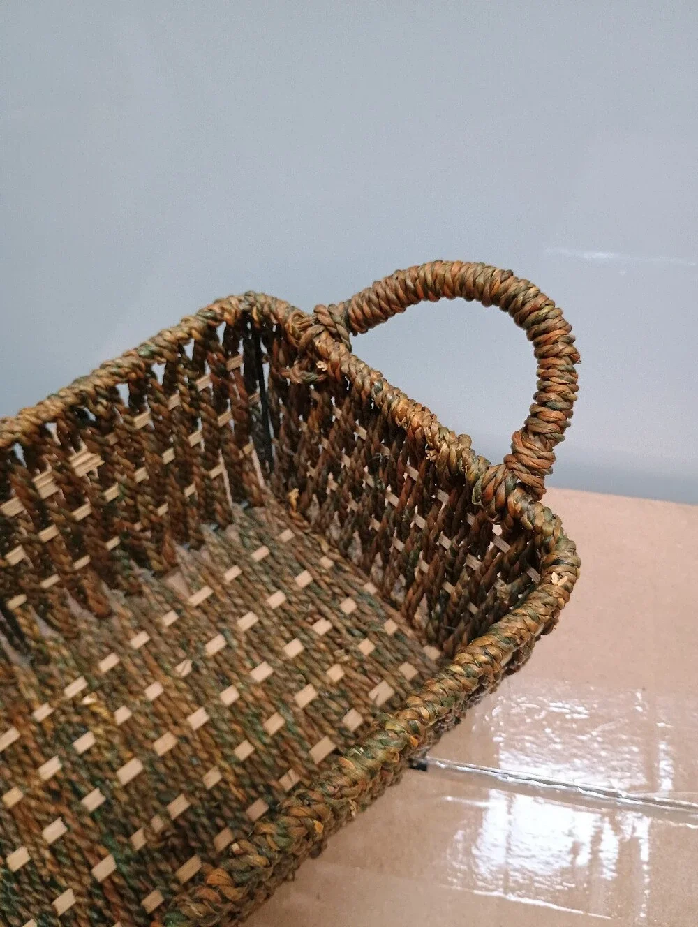 VINTAGE Coastal Woven Rectangular Storage Basket wth Handles Brown Checkerboard